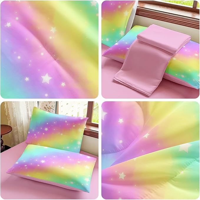 Rainbow Bedding Set Full Size – 5 Piece Reversible Girls Comforter with Deep-Pocket Sheet, Gradient Galaxy Design, Whole-Piece Filling, Machine Washable Bed-in-a-Bag for Kids Room Makeover & Gifts