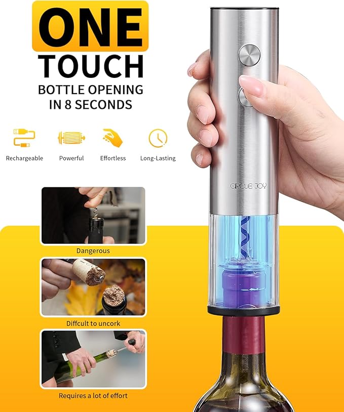 CIRCLE JOY Electric Wine Opener Rechargeable 5-in-1 Wine Gift Set with Foil Cutter, Wine Aerator Pourer, Wine Drip Ring & Vacuum Stopper, White Elephant Gifts for Adults
