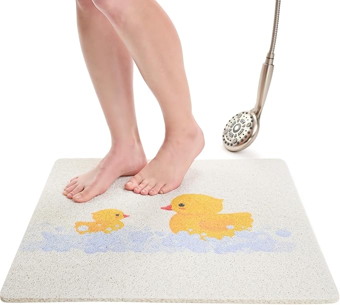 Enkosi Loofah Non-Slip Shower Mat – Square Anti-Slip Bath Mat for Kids, Tub, Bathtub & Walk-in Stalls, Cushioned PVC, Quick-Dry with Drain Holes – Bathroom Floor Safety Pad (Duck, 24x24)