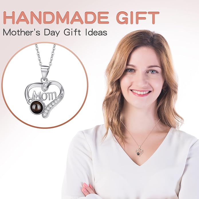 SUPHELPU Personalized Mother's Day Gifts for Mom From Daughter - Custom Photo Necklace With Picture Inside - Projection Necklace for Mom - Memorial Gift