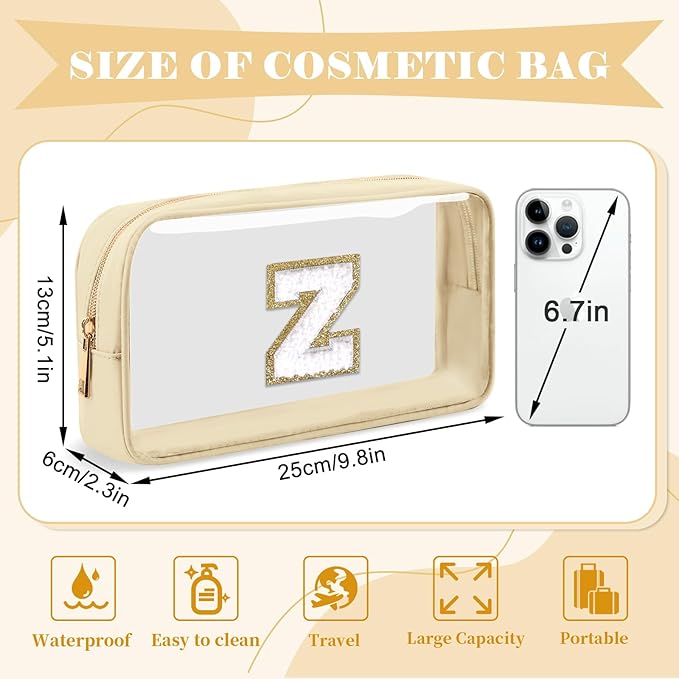 Personalized Initial Letter Clear Makeup Bag,Preppy Small Nylon&PVC Cosmetic Zipper Bag with Chenille Letter,Portable Beach Travel Skincare Toiletry Bag,Trendy Monogram Gift for Teen Girls Women,Z