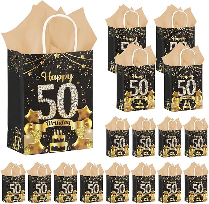 50Pcs 50th Birthday Party Favors Gift Bags Bulk, Black and Gold Happy 50th Gift Candy Wrap Bags with Tissue Paper, Vintage 50th Birthday Decorations Souvenir Bag for Men Women Anniversary Supplies (50th)