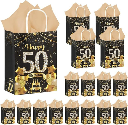 50Pcs 50th Birthday Party Favors Gift Bags Bulk, Black and Gold Happy 50th Gift Candy Wrap Bags with Tissue Paper, Vintage 50th Birthday Decorations Souvenir Bag for Men Women Anniversary Supplies (50th)