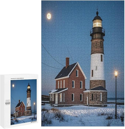 Puzzles for Adults 1000 Pieces Wooden Jigsaw Puzzle - Lighthouse Near Building Winter Theme Puzzle，Party Games，Family Toys，Educational Puzzles，Stress Relief Wooden Puzzle，Gifts for Family and Friends