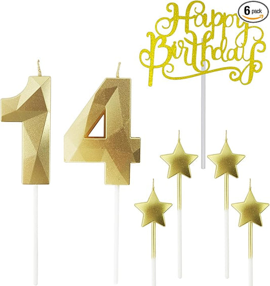 Golden Number 14 Birthday Candles and Star Birthday Candles 2.76 inch Birthday Cake Candles 3D Diamond Shaped Candles are Suitable for Birthday Parties and Anniversary Cake Decorations Candles