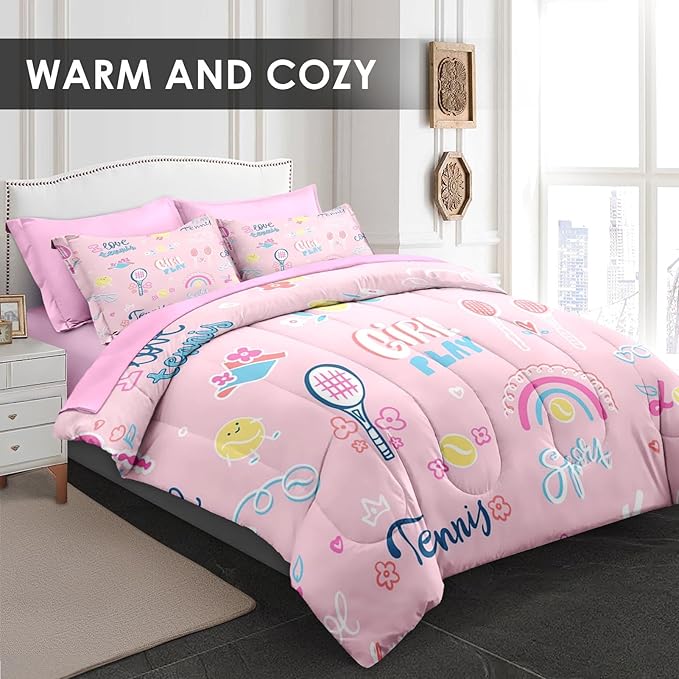Comforter Set Twin Size, Cute Tennis Pink 5 Pcs Bedding for Kids and Adults, Rainbow Ball Flower Bed Sheet Sets with Fitted Sheet Pillowcase & Sham for Bedroom Bed Decor