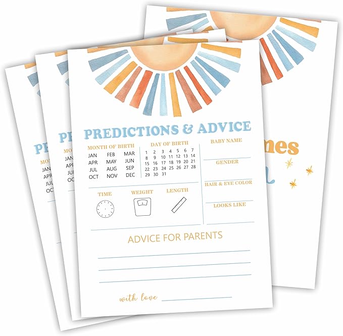 Retro Sunshine Predictions & Advice Baby Shower Game Kit - Here Comes The Sun - 30 Double-Sided Fill In Game Cards For Baby Shower, Gender Reveal Party Favor, Activity & Supplies - D02