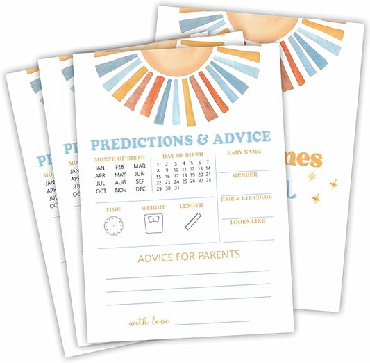 Retro Sunshine Predictions & Advice Baby Shower Game Kit - Here Comes The Sun - 30 Double-Sided Fill In Game Cards For Baby Shower, Gender Reveal Party Favor, Activity & Supplies - D02