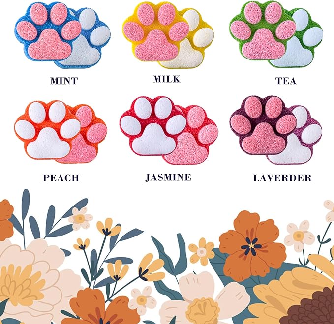 Paw Bath Bomb for Kids with Surprise Toys Inside, 12 Pcs Colorful Handmade Natural Bath Ball with Sparkling Crystal Toys, SPA Fizzy Bath Bomb Gift Set for Girl Boy at Christmas, Birthday