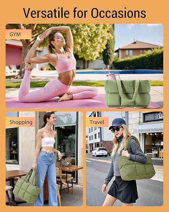 Herald Puffer Tote Bag for Women, Large Quilted Puffy Handbag Lightweight Satchel Purse with Cup Holder & Compartment