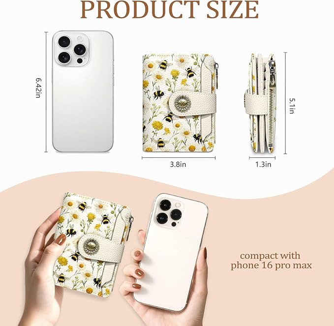 Floral Bee Small Wallet Women RFID Blocking Bifold, Credit Card Holder, Zipper Coin Pocket, PU Leather, Cute, Compact, Travel, 4 ID Window, 14 Card Slots, Cash Purse, Ladies Woman Female Girls