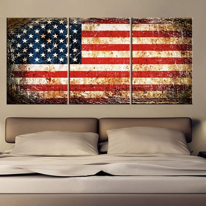 Native America Home Decor Grunge USA Flag Paintings Patriotic Pictures Blue White Artwork 3 Panel Canvas Textured Wall Art for Living Room HD Prints Giclee Framed Stretched Ready to Hang(60''Wx28''H)