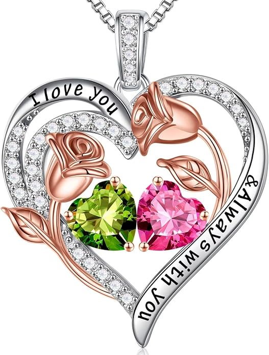 Iefil Valentines Day Gifts for Her - 925 Sterling Silver Rose Heart Birthstone Necklace Birthday Anniversary Jewelry Gifts for Her Wife Mom Daughter