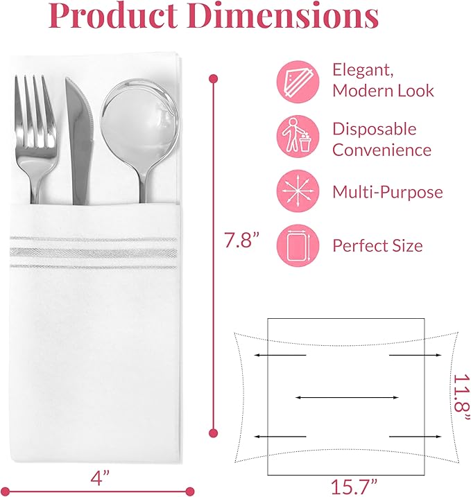 Prestee - Linen-Like Paper Hand Towels - Disposable Guest Towels for Bathroom - White with Silver Stripes - 7.8"x4" Folded - 50 Count - Soft and Absorbent Bathroom Napkins - Elegant Metallic Design