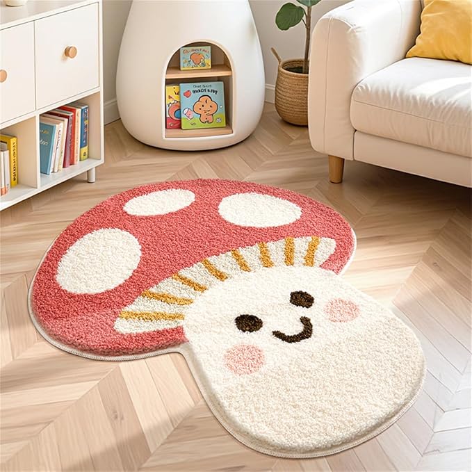 Ankah Shower Rug Bath Mat Forest Series Cartoon Design Bathroom Rug, Fluffy, Soft, Non-Slip, Durable, Absorbent Bath Rug, Irregular Plant Shaped Door Mat and Carpet, 30" x 31.5", Mushroom