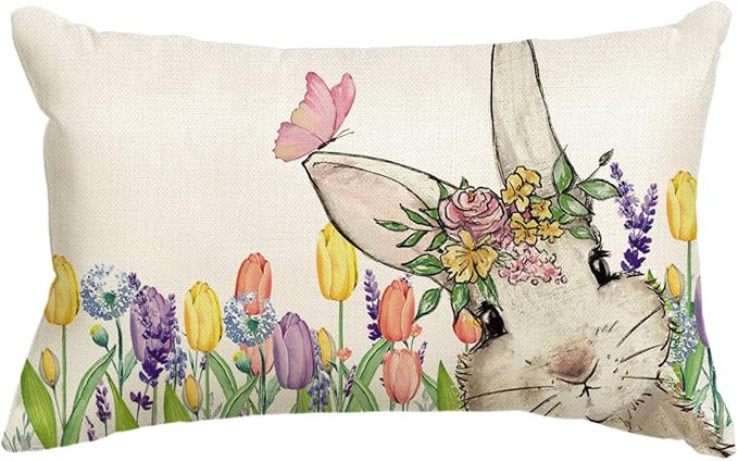 AVOIN colorlife Easter Floral Tulip Garland Bunny Throw Pillow Cover, 12 x 20 Inch Spring Rabbit Holiday Cushion Case Decoration for Sofa Couch
