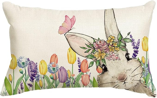 AVOIN colorlife Easter Floral Tulip Garland Bunny Throw Pillow Cover, 12 x 20 Inch Spring Rabbit Holiday Cushion Case Decoration for Sofa Couch