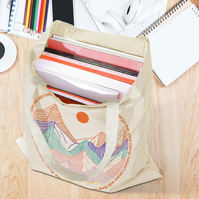 jeilink Cute Mountain Adventure Sunshine Canvas Tote Bag Camping Gifts Weekender Grocery Bags for Women Girls