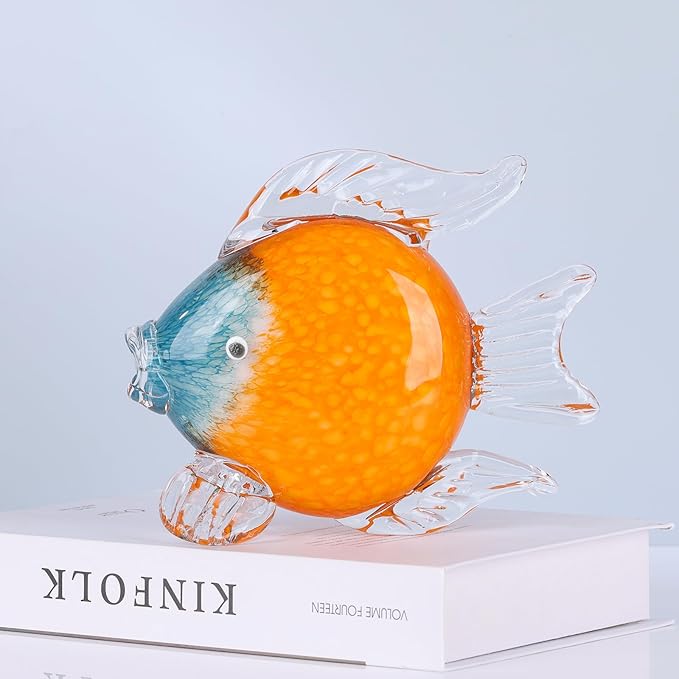 LCCCK Large Glass Fish Figurines Hand Blown Glass Fish Statue and Sculpture Home Decor, Murano Animal Tropical Sea Glass Paperweights for Desk, Glass Aquarium Coastal Beach Decorative (Orange)