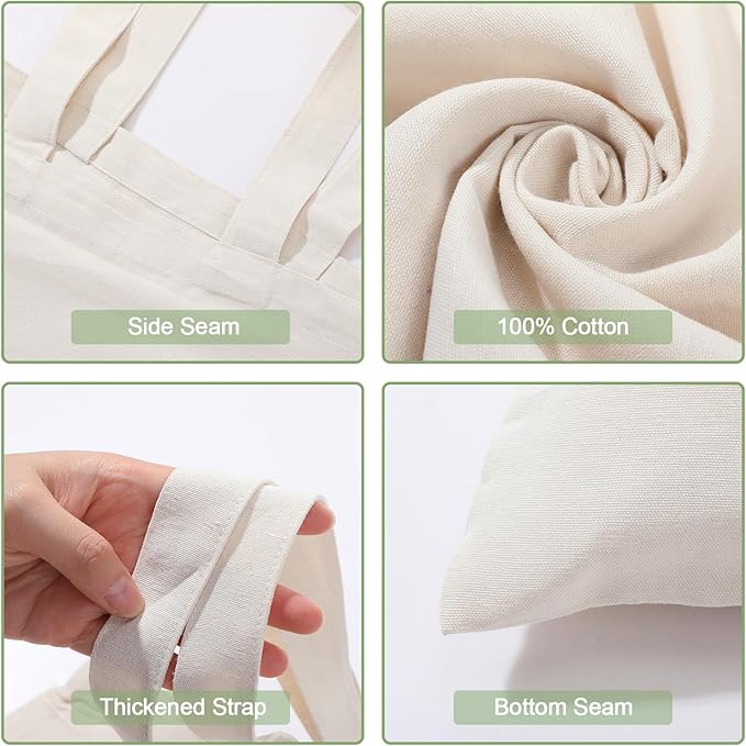 Roowest 120 Pieces Cotton Tote Bag Bulk 15 x 16 Inch Blank Shopping Cloth Bags Reusable with Long Handle for Women Men DIY(Beige)