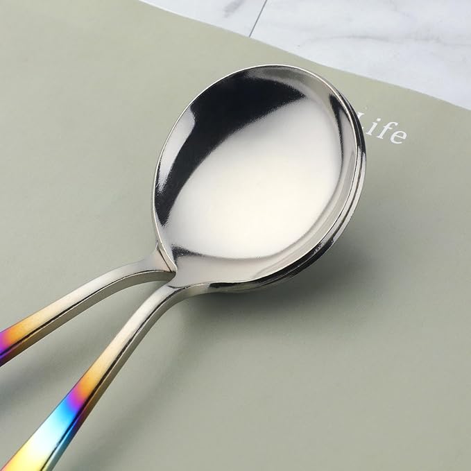 Buyer Star 8 Pieces Stainless Steel Round Soup Spoon, 6.3 Inch Mirror Polished Spoon Cutlery, Dishwasher Safe (Gradual Rainbow)