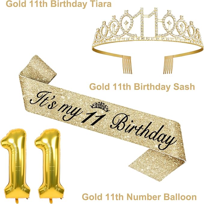 11th Birthday Decorations for Girls Gold with 11th Birthday Sash and Tiara, Candles and Cake Topper, Number Balloons, 11 Year Old Gifts for Girls