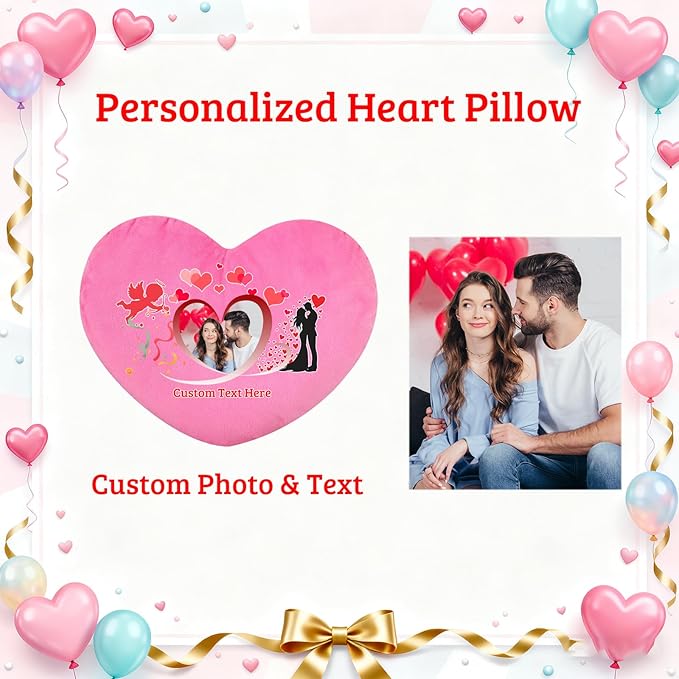 Custom Heart Pillow with Photo Name, Personalized Heart Pillows Decorative Throw Pillows as Valentine Pillow Personalized Gifts for Women Men Kids Family on Valentines Day Anniversary