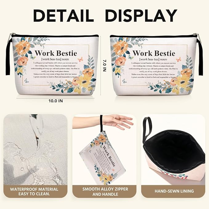 Funny Work Bestie Noun Makeup Bag Thank You Retirement Gifts BFF Gifts Friendship Gifts for Women Friends Coworker Colleague Cosmetic Bag Zipper Pouch Bag Travel Bag for Birthday Christmas