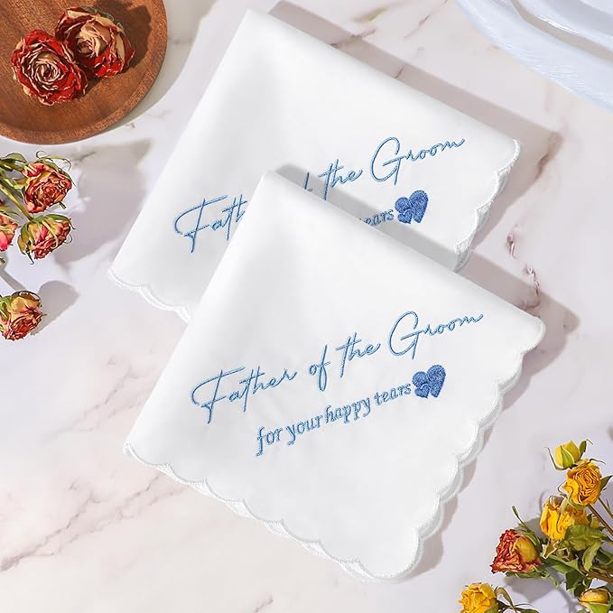 Wedding Handkerchief Something Blue for Bride, Mother Father of the Brides Groom Gifts, Embroidered Happy Tears Cotton Hanky