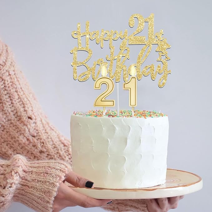 21st Birthday Decorations for Her Gold with 21st Birthday Sash and Tiara, Cake Topper and candles, Number Balloons, 21 Year Old Gifts for Her