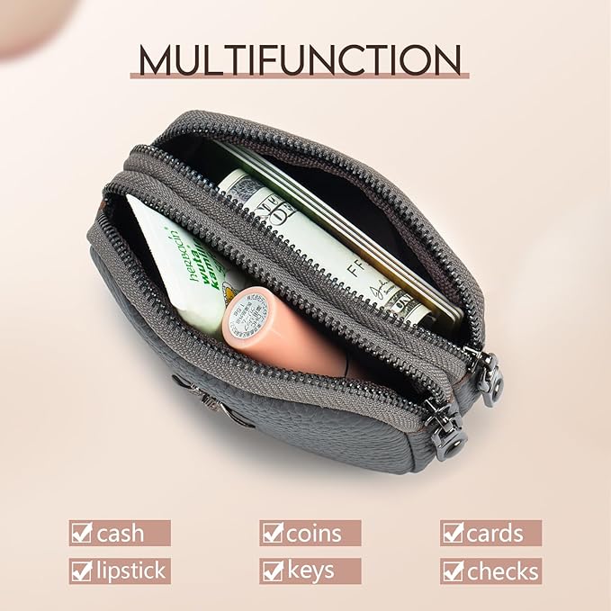 imeetu Women Leather Coin Purse, Small 2 Zippered Change Pouch Wallet