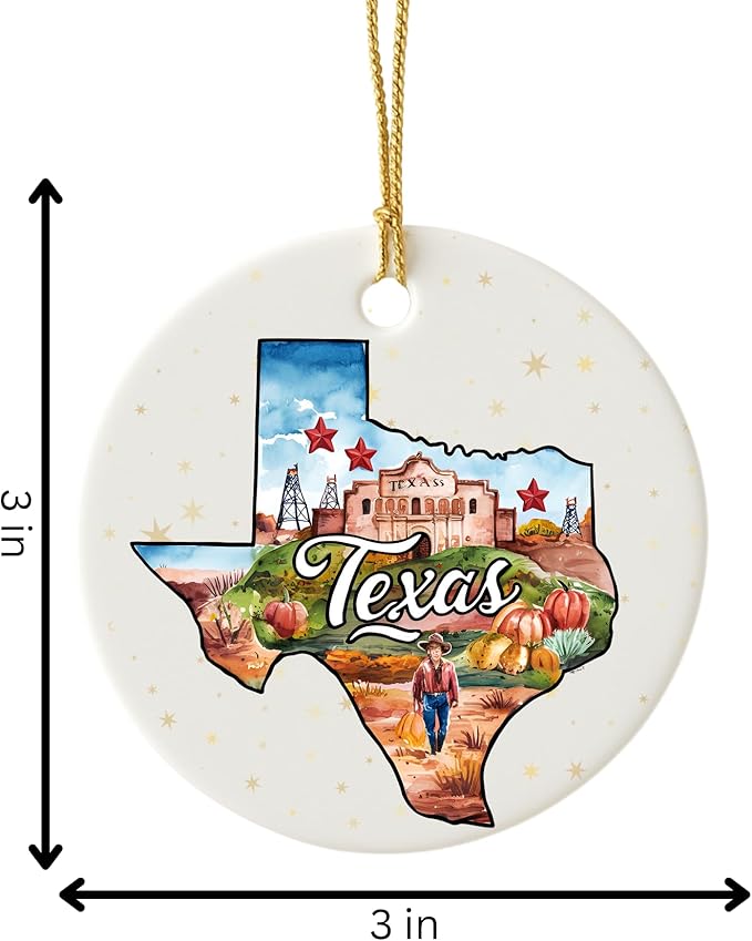 USA State Landmark Ceramic Ornament – Round Glossy Christmas Decoration Featuring U.S. State Art, Landmarks & Holiday Scenery – Collectible Travel Souvenir Ornament Series (Texas)