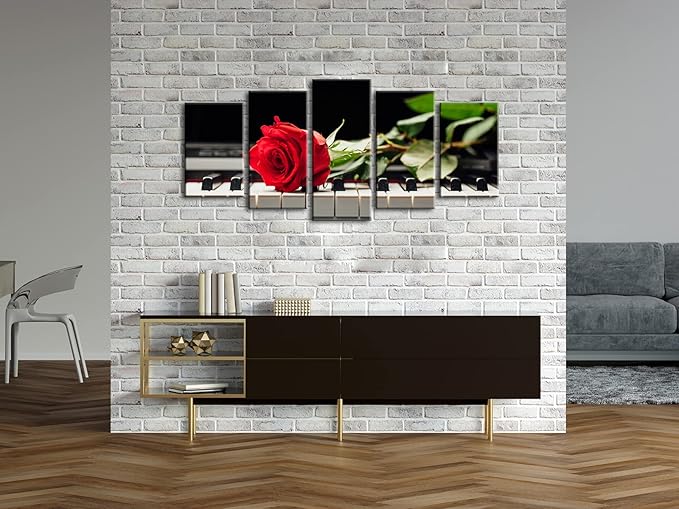 Wieco Art Red Rose on Piano Modern 5 Panels Stretched and Framed Floral Giclee Canvas Prints Artwork Flowers Music Pictures Paintings on Canvas Wall Art for Bedroom Kitchen Home Decorations