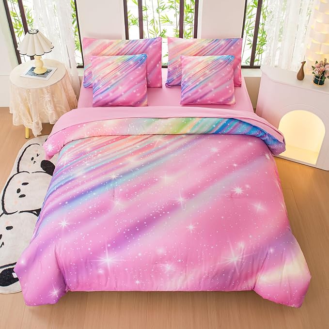Twin Comforter Set for Girls Galaxy Bedding 7pieces, Ombre Bedding Comforter Sets Rainbow Comforter, Twill Pink