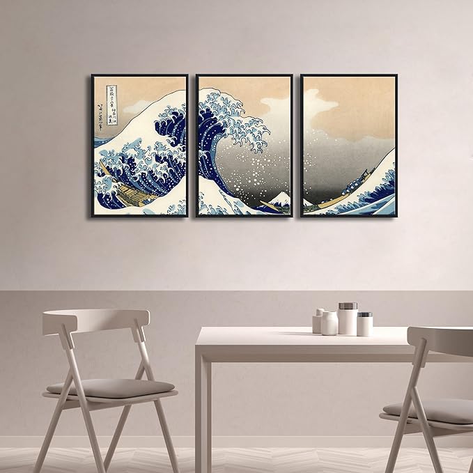 Wieco Art Black Framed Great Wave of Kanagawa Katsushika Hokusai 3 Piece Modern Canvas Prints Artwork Abstract Pictures Paintings on Canvas Wall Art for Home Office Decorations Wall Decor