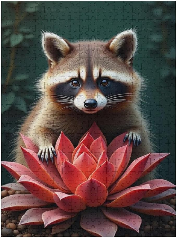 Puzzles for Adults 500 Pieces Wooden Jigsaw Puzzle - Succulent & Cute Raccoon Theme Puzzle，Party Games，Family Toys，Educational Puzzles，Stress Relief Wooden Puzzle，Gifts for Family and Friends