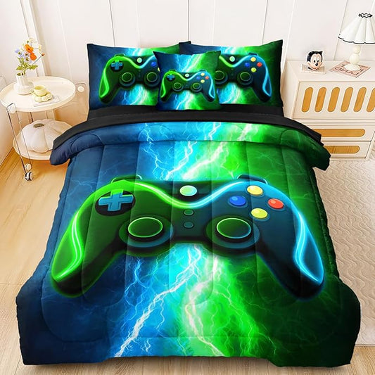 Gaming Comforter Sets for Boys, Blue Green Lightnings 6 Pcs Bed in A Bag Full Size Gamer Bedding Set with Sheets for Teens