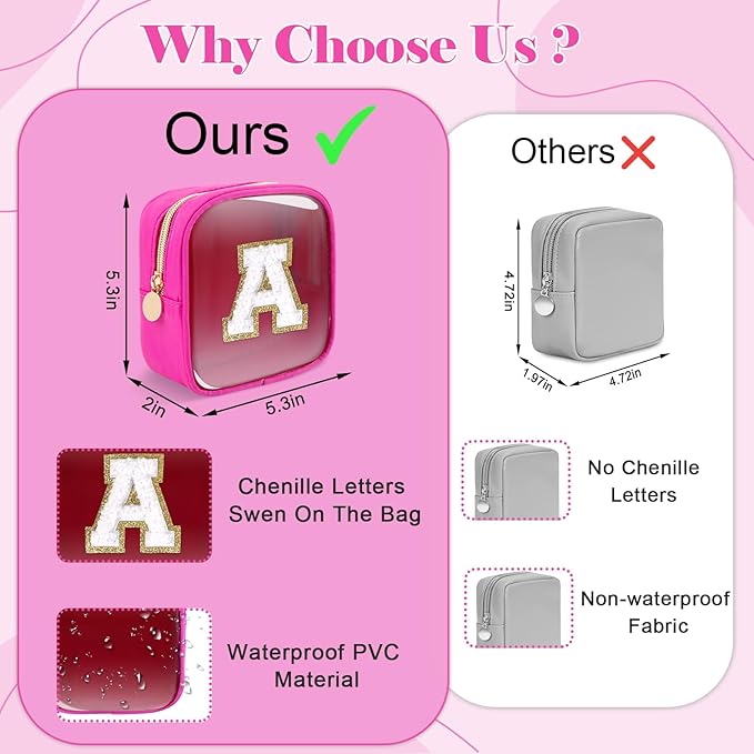 Personalized Initial Letter Clear Preppy Makeup Bag,Mini Nylon Chenille Letter Cosmetic Bag Cute Zipper Pouch Coin Purse for Teen Girls,Portable TSA Approved Travel Essentials Bag Gift for Women,M