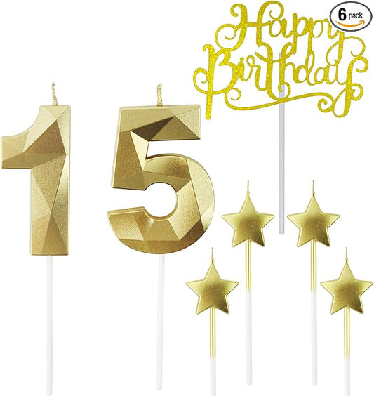 Golden Number 15 Birthday Candles and Star Birthday Candles 2.76 inch Birthday Cake Candles 3D Diamond Shaped Candles are Suitable for Birthday Parties and Anniversary Cake Decorations Candles