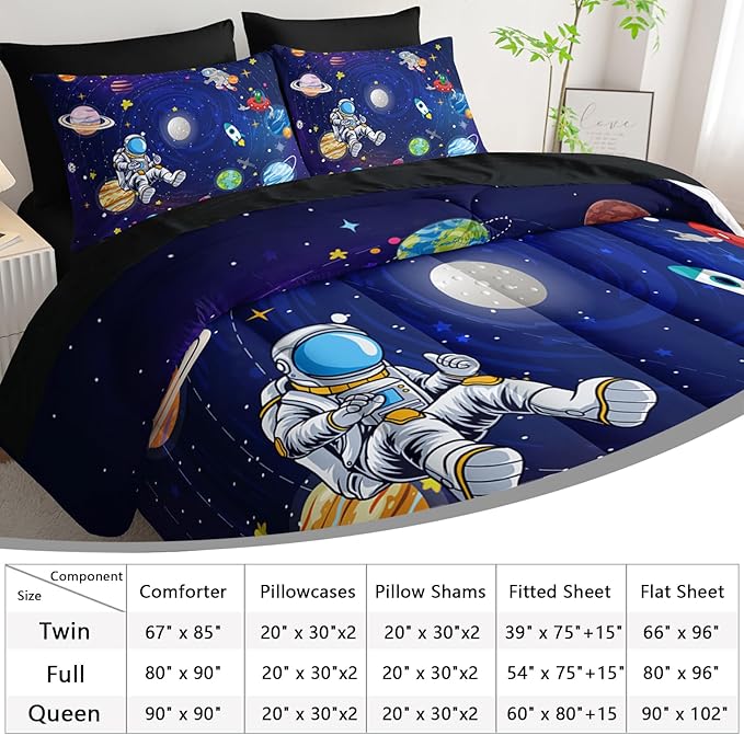 AILONEN Cute Astronaut Comforter Set Full Size,7-Piece Outer Space Planet Rocket Bed in a Bag,Comforter & Fitted Sheet with Flat Sheet & 2 Pillowcases,2 Pillow Cases for Bedroom,Soft Microfiber