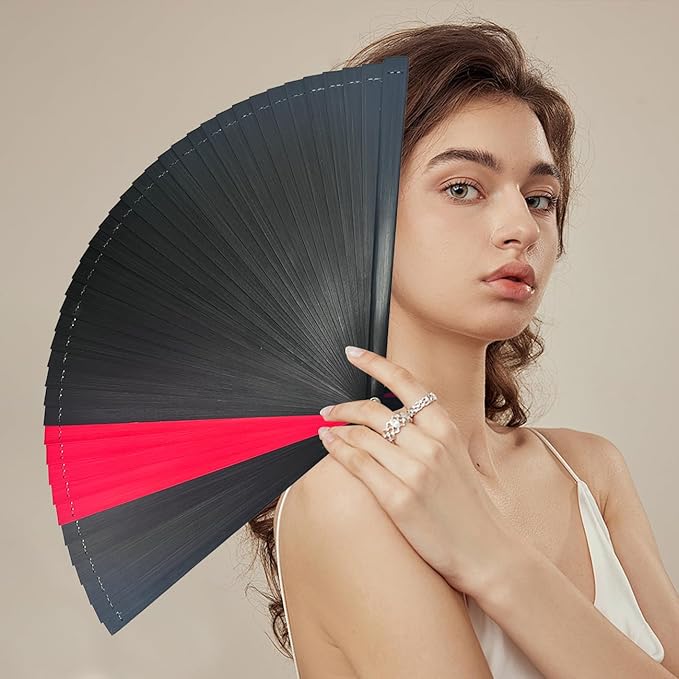 Hand Fan for Vintage Japanese Bamboo Silk Elegant for Dance Music Festival Wedding Church Decoration Party (Blackred, Medium)