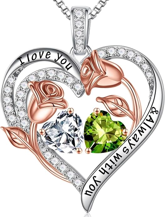 Iefil Valentines Day Gifts for Her - 925 Sterling Silver Rose Heart Birthstone Necklace Birthday Anniversary Jewelry Gifts for Her Wife Mom Daughter
