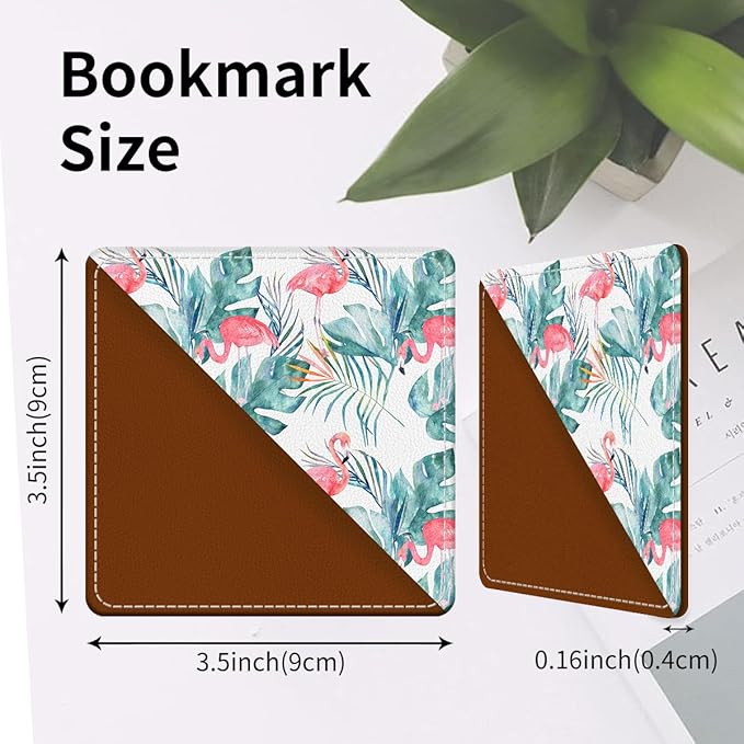 Cute Leather Bookmarks, Fun Triangle Making Corner Bookmark, Book Accessories for Reading Book Lovers, Unbreakable Page Markers for Women Men Tropical Flamingo Palm Trees