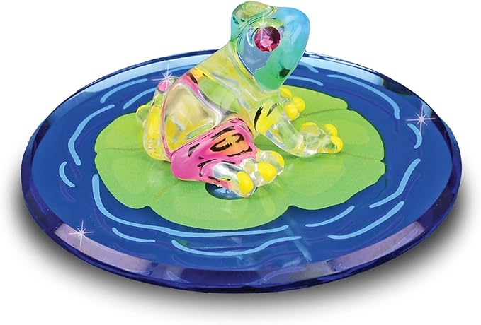 Glass Baron Frog on Lily Pad Glass Figurine, Hand Blown & Sculpted with Austrian Crystal Accents & Airbrushed Glass, Beveled Mirror Base, Collectible Ornament for Home Decor Table Centerpiece