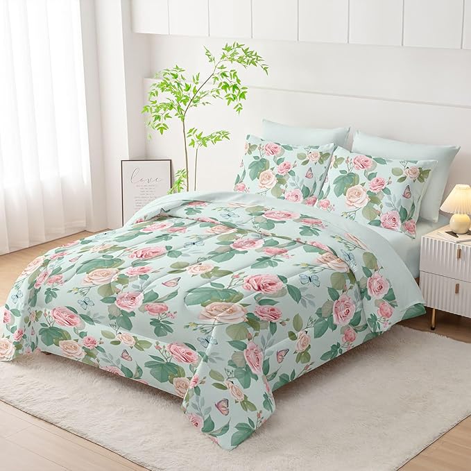 7Pcs Comforter Set Butterfly Flowers Green Leaves Printed Bedding Set with 1 Comforter,1 Flat Sheet,1 Fitted Sheet and 4 Pillowcases for Boys and Girls Bedroom All Season(Twin)