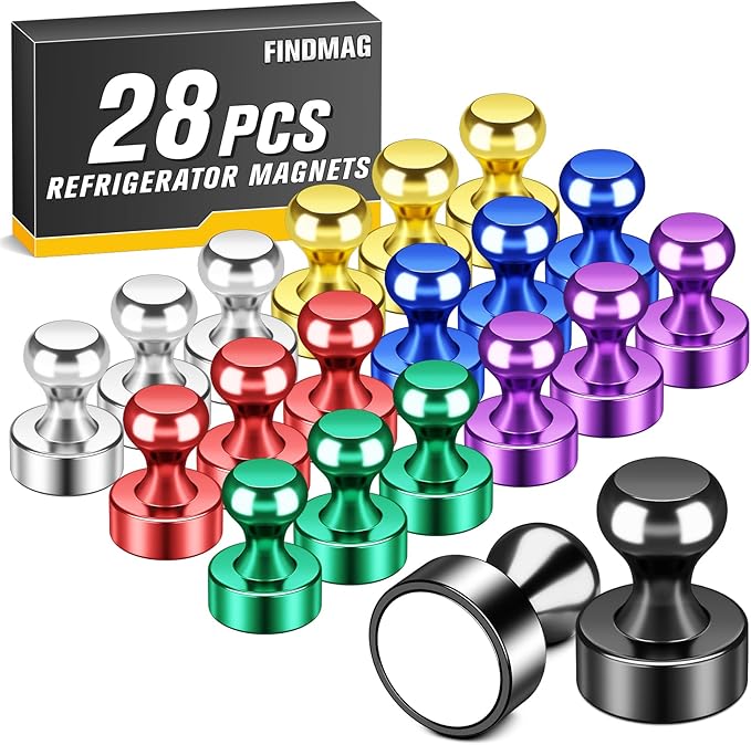 FINDMAG Refrigerator Magnets, Strong Colorful Whiteboard Magnet, Small Neodymium Fridge Magnet Aesthetic, Cool Locker Magnets for Office Accessories, Kitchen, Classroom, Bulletin Boards, Pack of 28