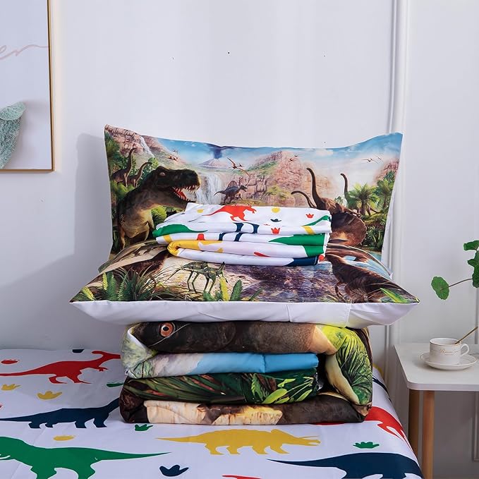 9 Piece Queen Size Dinosaur Comforter Set Bed in a Bag,Kids Queen Comforters 3D Dinosaur Bed Quilt Set for Teens,1 Comforter+4 Pillowcase+1 Flat Sheet+1 Fitted Sheet+2 Throw Pillows Case