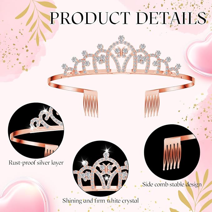 Lyrow 30 Pcs Tiara Crowns for Women Bulk Galentines Day Party Favors Crystal Queen Crowns with Comb Headband Princess Tiaras for Birthday Wedding Halloween Christmas(Rose Gold)