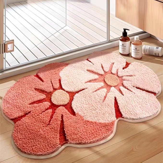 Ankah Shower Rug Bath Mat Forest Series Cartoon Design Bathroom Rug, Fluffy, Soft, Non-Slip, Durable, Absorbent Bath Rug, Irregular Plant Shaped Door Mat and Carpet, 19.7" x 31.5", Peach Blossom