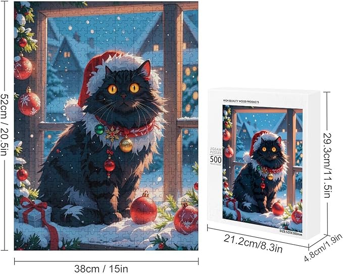 Jigsaw Puzzles for Adults 500 Piece - Christmas Black Cat Wooden Puzzles, Unique Gifts for Wall Art，Family Puzzles，Educational Games，Challenge Puzzles
